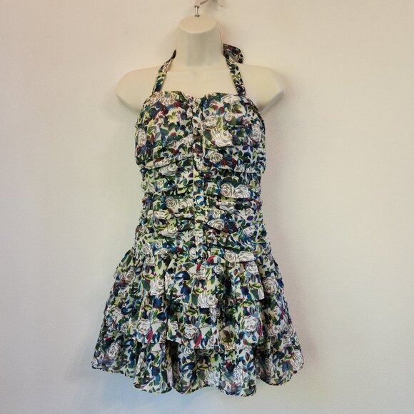 Y2K Papaya Babydoll Halter Neck Tank Top Smoked Boddy RUffle Zip Women S Retro - Picture 1 of 14